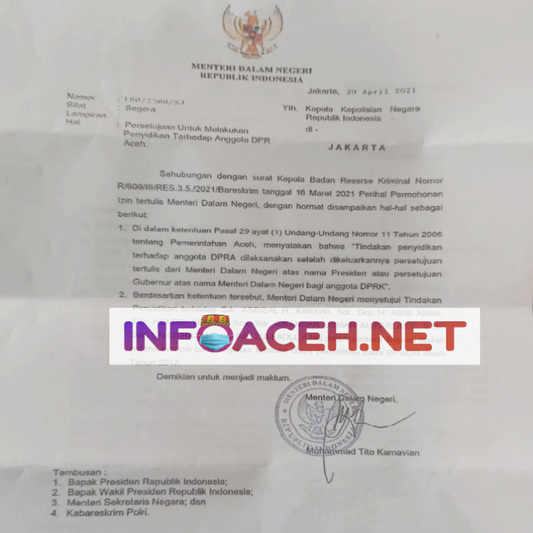 Surat izin dari Mendagri untuk pemeriksaan enam anggota DPRA terkait kasus dugaan korupsi beasiswa Pemerintah Aceh tahun 2017