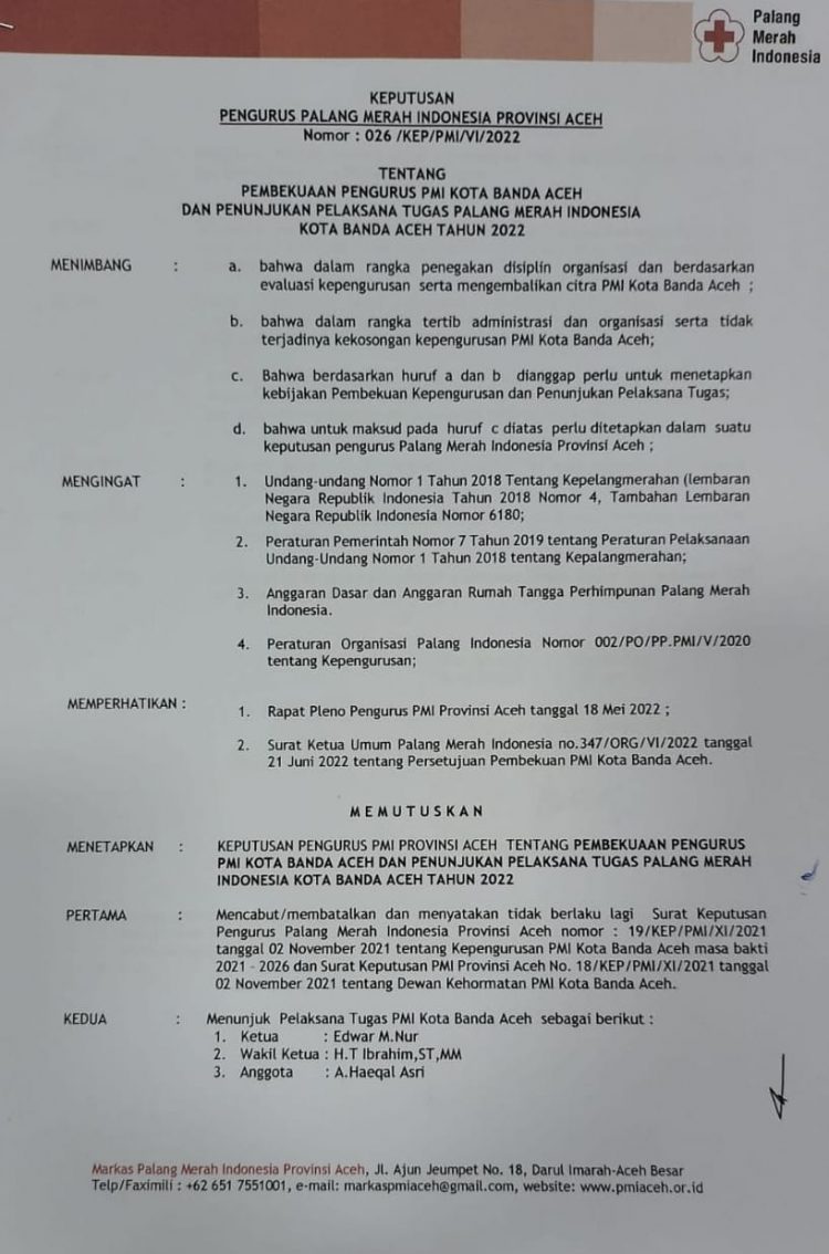 Surat pembekuan pengurus PMI kota Banda Aceh