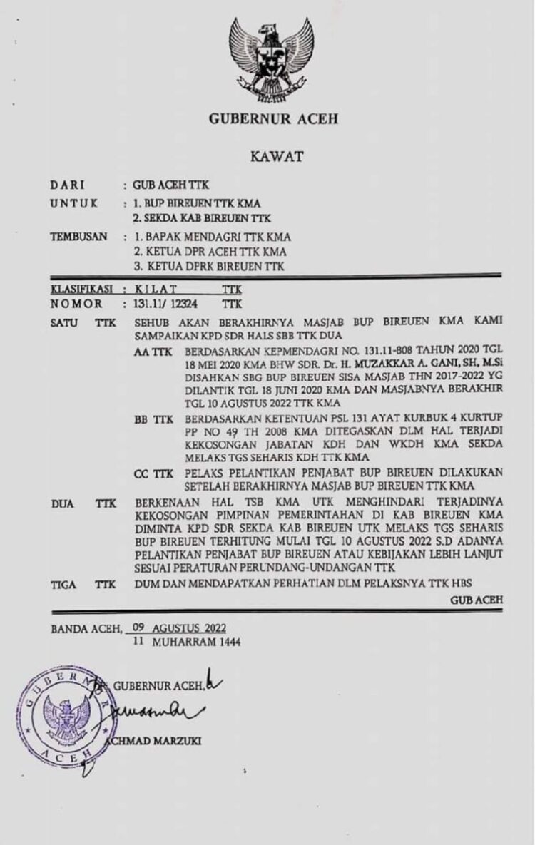Penunjukan Sekda Ibrahim Ahmad sebagai Plh Bupati Bireuen berdasarkan surat telegram Pj Gubernur Aceh Nomor 131.11/1234 tanggal 9 Agustus 2022