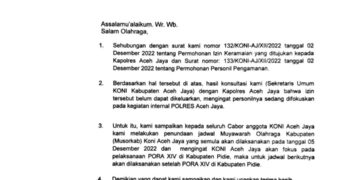 Surat penundaan Musorkab KONI Aceh Jaya