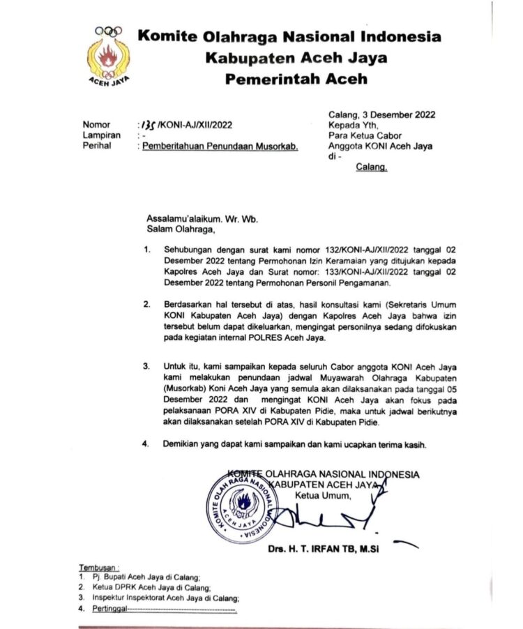 Surat penundaan Musorkab KONI Aceh Jaya