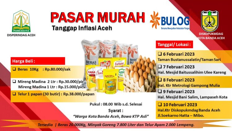 Pemko Banda Aceh yang didukung Dinas Perindustrian dan Perdagangan (Disperindag) Aceh dan Bulog Divre Aceh akan mengelar Pasar Murah yang dimulai Senin, 6 Februari 2023