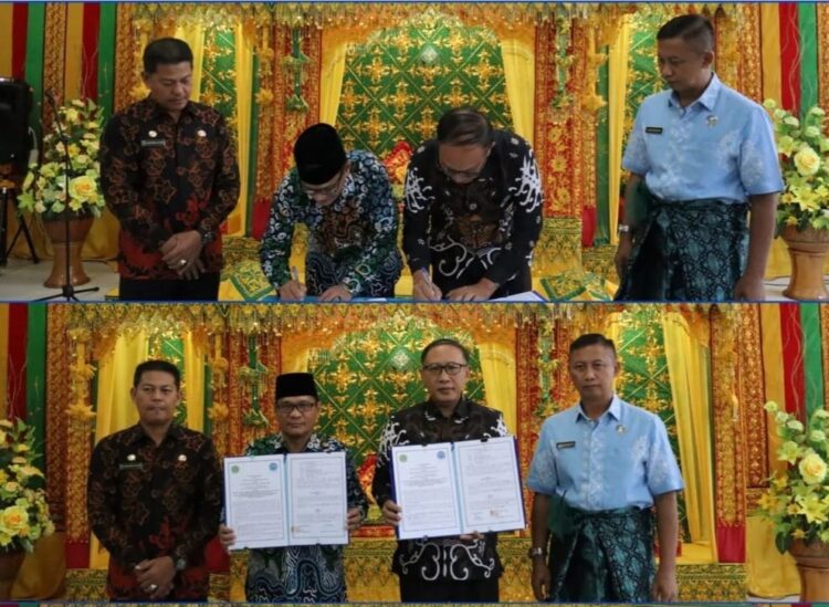 Kepala BNNP Aceh Brigjen Pol Sukandar menyaksikan penandatanganan MoU oleh Kepala BNNK Kota Langsa AKBP Werdha Susetyo dengan Rektor IAIN Langsa, Dr Basri di Aula Pendopo Wali Kota Langsa, Kamis (9/3)
