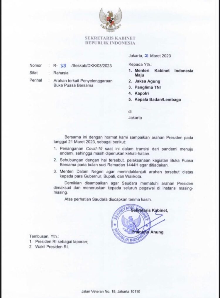 Surat Sekretaris Kabinet Pramono Anung tentang arahan Presiden Jokowi yang melarang Buka Puasa Bersama