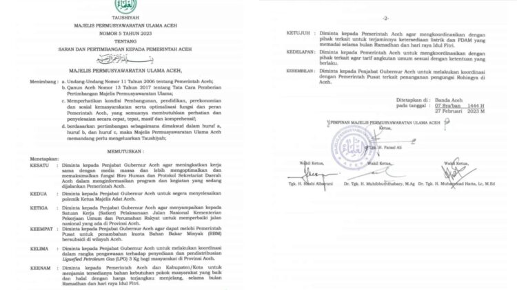 Taushiyah Majelis Permusyawaratan Ulama Aceh Nomor 5 Tahun 2023 yang berisi tentang Saran dan Pertimbangan kepada Pemerintah Aceh
