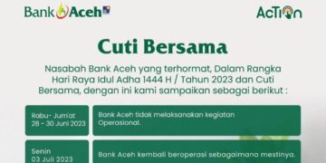 Dalam menyambut Hari Raya Idul Adha 1444 Hijriah tahun 2023, Bank Aceh Syariah libur dan tutup kantor pelayanan selama tiga hari