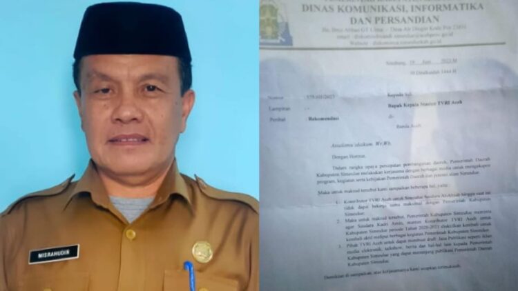Kepala Diskominsa Simeulue Misrahudin SE dan surat yang dikirimkan kepada Kepala Stasiun TVRI Aceh