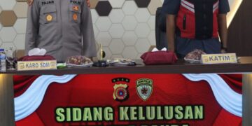 Karo SDM Polda Aceh Kombes Pol Fajar Budiyanto mengumumkan kelulusan Bintara Polri jajaran Polda Aceh hasil seleksi PAG dari Bintara ke Perwira Polri TA 2023 di Aula Machdum Sakti Mapolda Aceh, Selasa (26/9)