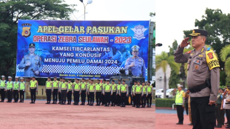 Karo Ops Polda Aceh Kombes Pol Heri Heryandi memimpin apel gelar pasukan Operasi Zebra Seulawah 2023 di Mapolda Aceh, Senin (4/9)