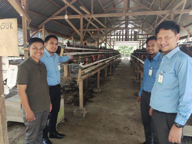 Maulidi bersama karyawan pembiayaan Bank Aceh Syariah saat meninjau peternakan ayam di Gampong Ceuraceu, Kecamatan Pasie Raya, Aceh Jaya