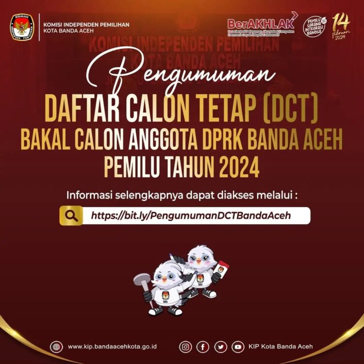 KIP Kota Banda Aceh mengumumkan Daftar Calon Tetap (DCT) Anggota DPRK Banda Aceh Pemilu 2024, Sabtu (4/11/2023)