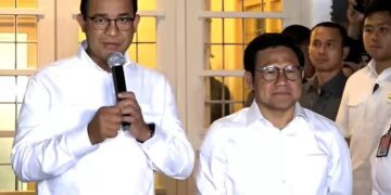 Pasangan Calon Presiden dan Wakil Presiden nomor urut 1 Anies Baswedan dan Muhaimin Iskandar melakukan konferensi Pers di Markas TimNas AMIN, Jalan Dipenogoro, Menteng, Jakarta, Rabu malam (14/2)