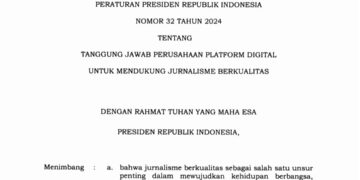 Presiden Jokowi menerbitkan Perpres Nomor 32 Tahun 2024 tentang Tanggung Jawab Perusahaan Platform Digital untuk Mendukung Jurnalisme Berkualitas atau Perpres Publisher Rights