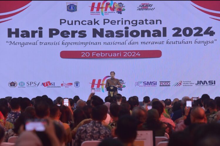 Presiden Jokowi menghadiri Puncak Peringatan HPN 2024, di Econventional Hall Ecopark Ancol, Jakarta, Selasa (20/2)