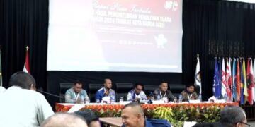 KIP Kota Banda Aceh, Sabtu (2/3) menggelar rapat pleno terbuka guna rekapitulasi hasil penghitungan perolehan suara Pemilu 2024 di Asrama Haji Banda Aceh