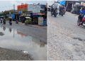 Kondisi kerusakan jalan dalam Kota Banda Aceh yang bertabur lubang dan tergenang air di Jalan T Iskandar Ulee Kareng