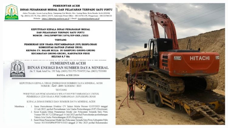 Lokasi tambang galian C di Gampong Grong-grong Kecamatan Grong-grong, Pidie, telah memiliki izin resmi dari instansi terkait yakni DPMPTSP Provinsi Aceh. Pihak Polda Aceh menyita satu unit Excavator dari lokasi tambang tersebut. Foto: Istimewa