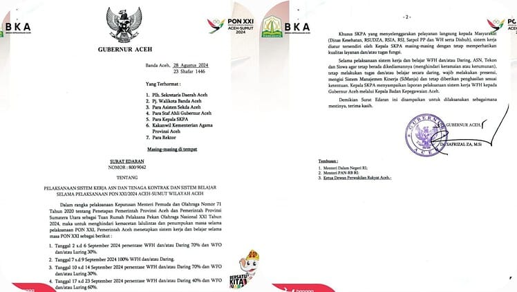 Surat Edaran Pj Gubernur Aceh Safrizal tentang pola kerja ASN dan aktivitas belajar secara WFH selama berlangsungnya PON XXI/2024. (Foto: Dok. Info Aceh)