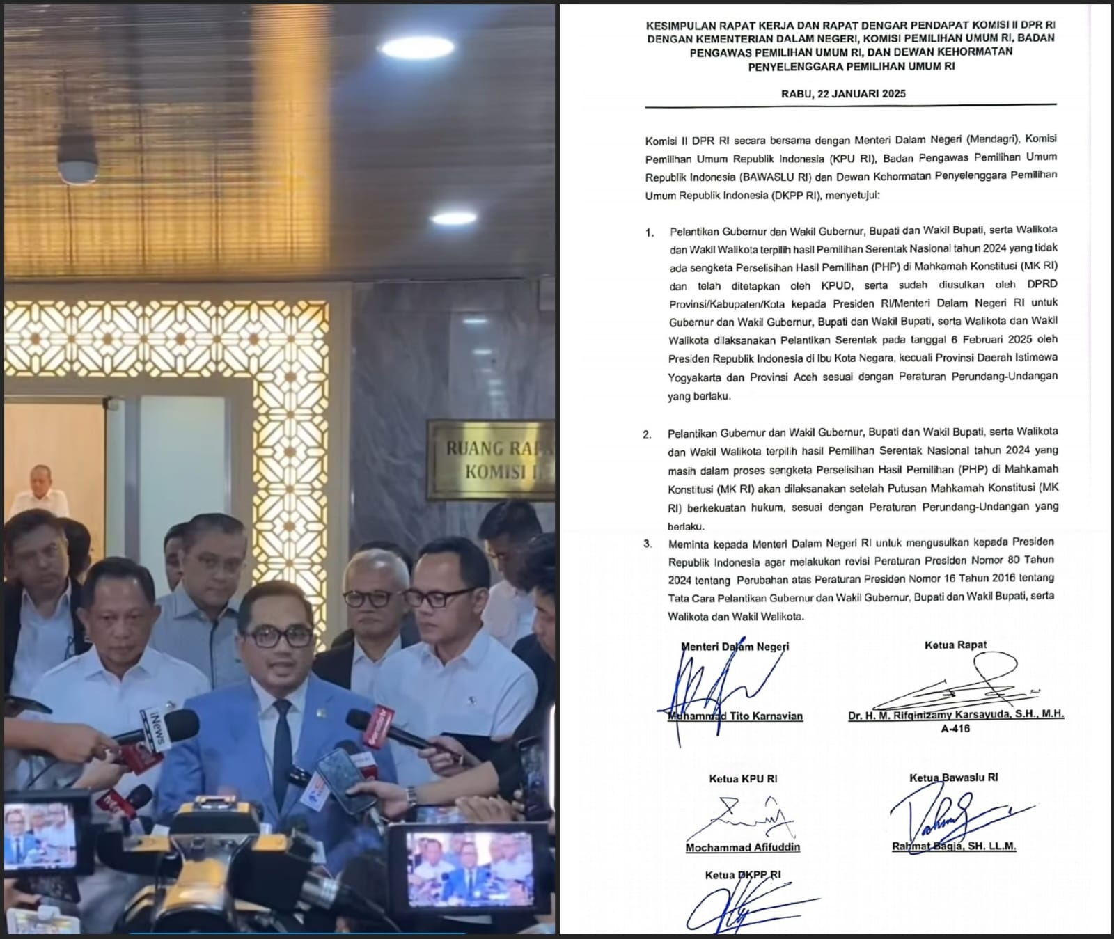 Komisi II DPR RI dan Pemerintah menyepakati jadwal pelantikan kepala daerah hasil Pilkada 2024 yang tak bersengketa, akan digelar pada 6 Februari 2025. (Foto: For Infoaceh.net)