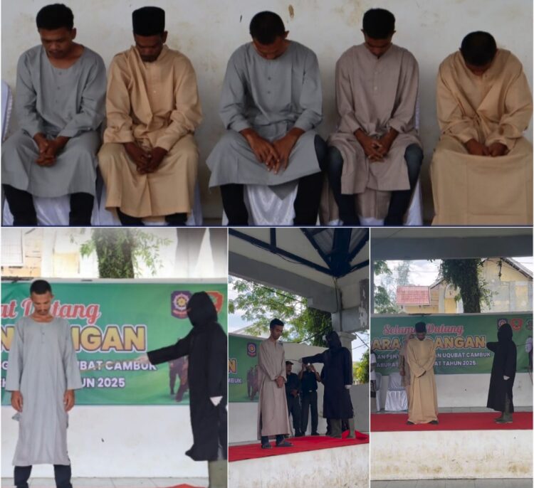 Eksekusi cambuk terhadap lima pemain judi online, di Lapangan Teuku Umar Meulaboh, Aceh Barat. (Foto: Dok. Kejari Aceh Barat)