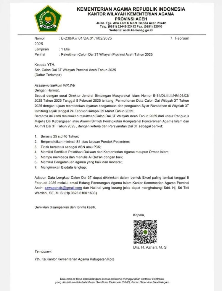 Surat edaran Rekrutmen Calon Da'i 3T Wilayah Aceh Tahun 2025