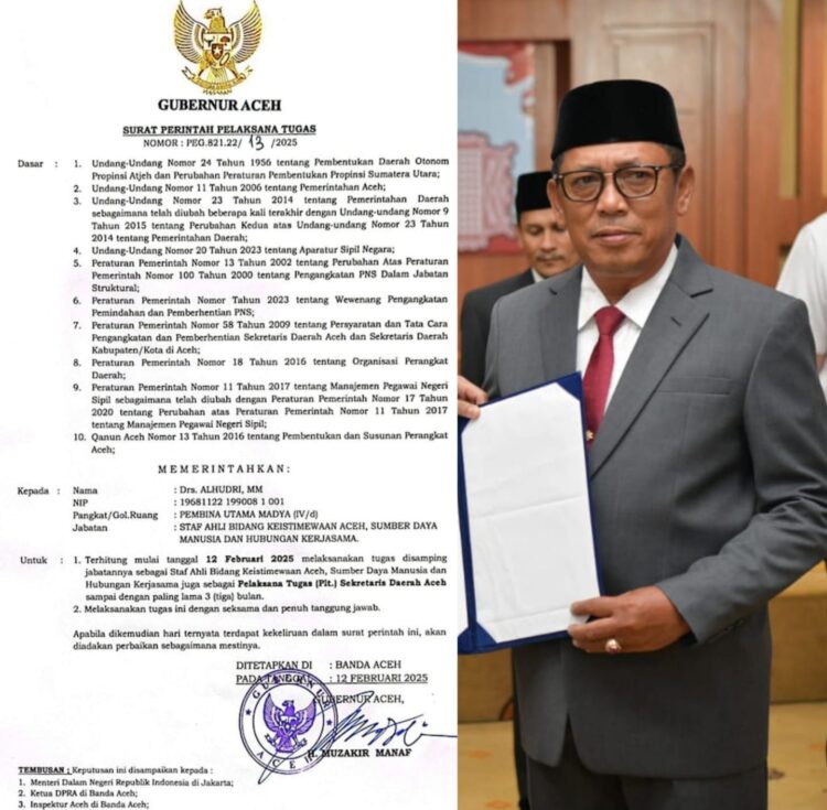 Adanya dugaan maladministrasi bahwa tanggal SK pengangkatan Alhudri sebagai Plt Sekda Aceh ternyata sama dengan tanggal pelantikan Gubernur/Wakil Gubernur Aceh yaitu 12 Februari 2025.