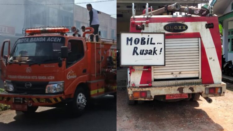 Mobil Pemadam Kebakaran (Damkar) milik DPKP Banda Aceh mengalami mogok karena rusak saat memadamkan kebakaran