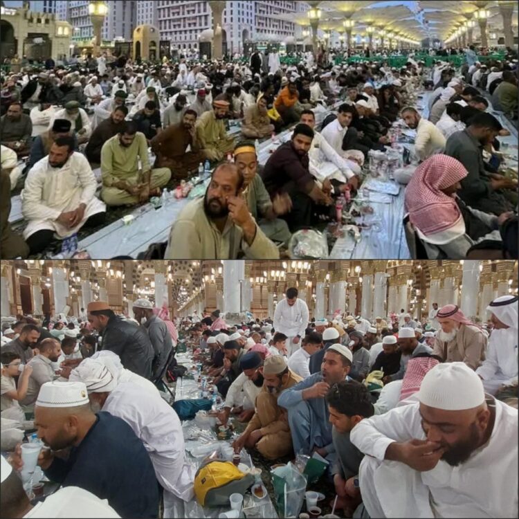 Buka puasa bersama di Masjid Nabawi Madinah pada tujuh Ramadhan 1446 Hijriah, Jum'at (7/3). (Foto: Muhammad Saman)