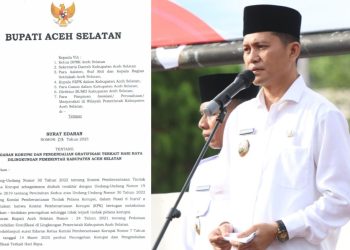Bupati Aceh Selatan Mirwan MS mengeluarkan Surat Edaran Nomor: 03 Tahun 2025 terkait pencegahan korupsi dan pengendalian gratifikasi di lingkungan Pemkab Aceh Selatan, dalam rangka hari raya Idulfitri 1446 Hijriah