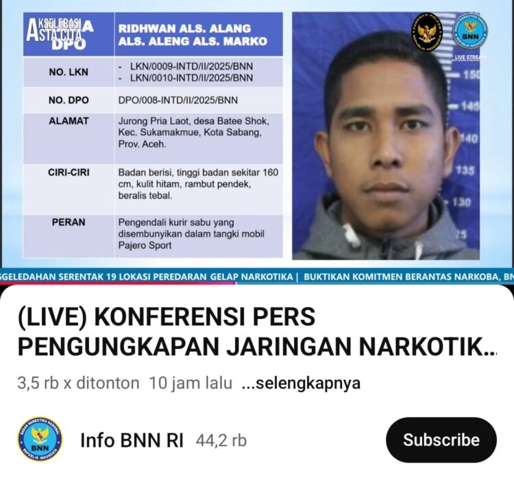 Ridwan alias Alang, alias Aleng, alias Marko, beralamat di Jurong Pria Laot, Desa Batee Shok, Kecamatan Suka Makmue, Kota Sabang