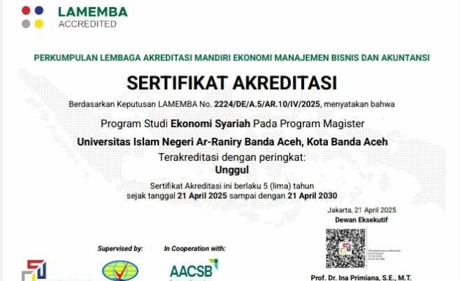 Prodi Magister Ekonomi Syariah UIN Ar-Raniry meraih akreditasi Unggul dari Lembaga Akreditasi Mandiri Ekonomi, Manajemen, Bisnis dan Akuntansi
