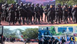 Polda Aceh menggelar simulasi Sistem Pengamanan Kota (Sispamkota) dalam rangka menghadapi kontijensi tahun 2025 di Lapangan Mapolda Aceh, Selasa, 29 April 2025