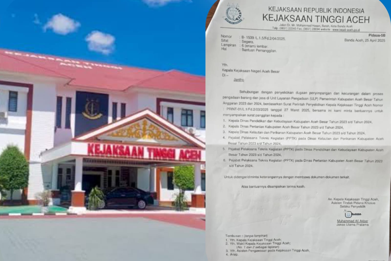 Kejati Aceh melakukan penyelidikan untuk mengusut dugaan penyimpangan dan kecurangan dalam proses pengadaan barang dan jasa di ULP Pemkab Aceh Besar Tahun 2023-2024