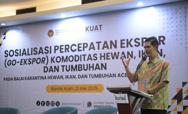 Plt Sekda Aceh M Nasir Syamaun pada acara Sosialisasi Percepatan Ekspor (Go-Ekspor) Komoditas Hewan, Ikan dan Tumbuhan, di Hotel Kyriad Muraya Banda Aceh, Kamis (22/5)