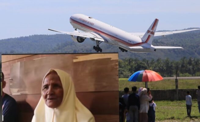 Nek Munirah, jamaah haji asal Aceh Besar yang sering menatap pesawat saat di sawah, kini telah Tiba ke Mekkah, Arab Saudi.