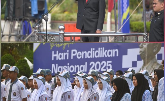 Wakil Gubernur Aceh Fadhlullah, menjadi inspektur upacara pada peringatan Hardiknas 2025 di halaman Kantor Gubernur Aceh, Jum'at (2/5/2025). (Foto: For Infoaceh.net)