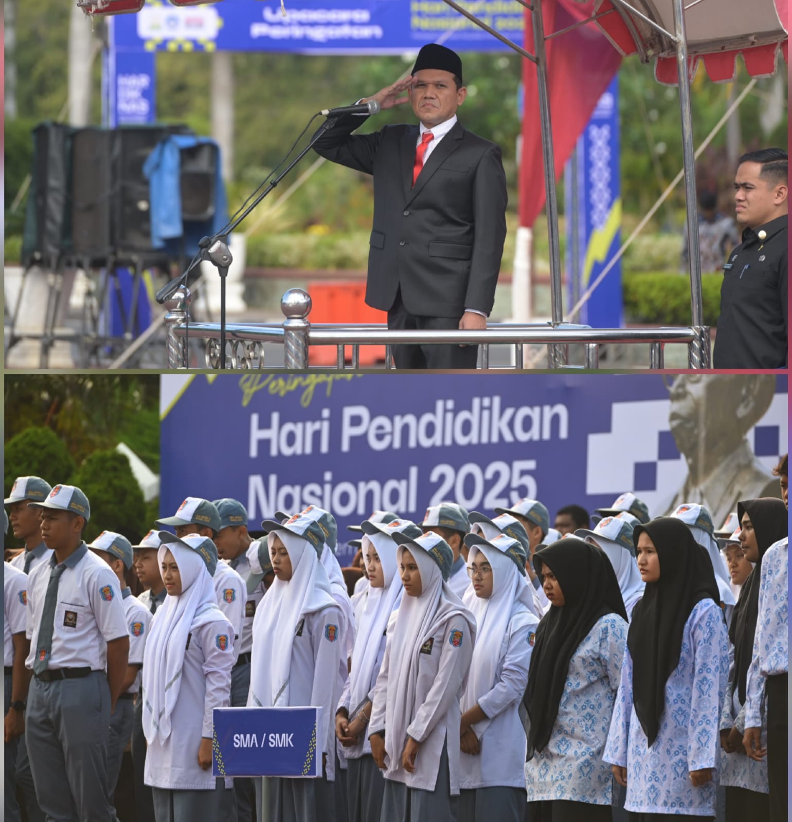 Wakil Gubernur Aceh Fadhlullah, menjadi inspektur upacara pada peringatan Hardiknas 2025 di halaman Kantor Gubernur Aceh, Jum'at (2/5/2025). (Foto: For Infoaceh.net)