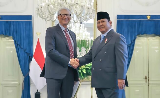 Presiden Prabowo Subianto saat menerima kunjungan pendiri Microsoft sekaligus filantropis dunia Bill Gates di Istana Kepresidenan Jakarta, Rabu (7/5). (Foto/Setpres)