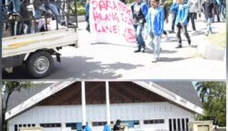 Ratusan mahasiswa yang tergabung dalam Gerakan Rakyat Menggugat (GRAM) menggelar unjuk rasa menolak rencana pembangunan empat Batalyon TNI di depan Gedung DPRA Rabu siang (7/5). (Foto: For Infoaceh.net)