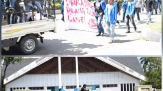 Ratusan mahasiswa yang tergabung dalam Gerakan Rakyat Menggugat (GRAM) menggelar unjuk rasa menolak rencana pembangunan empat Batalyon TNI di depan Gedung DPRA Rabu siang (7/5). (Foto: For Infoaceh.net)