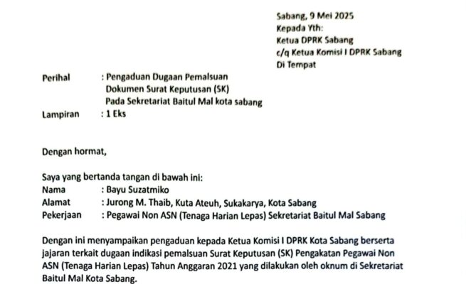 Bayu Suzatmiko, Pegawai Non ASN di Sekretariat Baitul Mal Kota Sabang melaporkan dugaan pemalsuan SK Pengangkatan Pegawai Non ASN