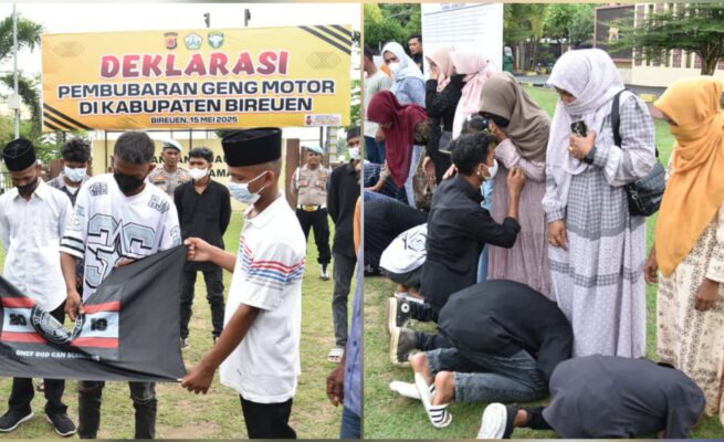 Pembubaran geng motor Pasukan Jalan Sadis (PJS) dengan membakar bendera dan minta maaf ke orang tua dalam sebuah deklarasi yang berlangsung di lapangan Mapolres Bireuen, Kamis (15/5). (Foto: For Infoaceh.net)