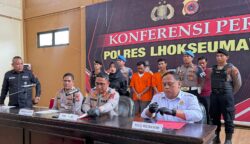 Tim Satreskrim Polres Lhokseumawe mengungkap dan menangkap 2 pria diduga kuat melempar bom molotov ke rumah sewa