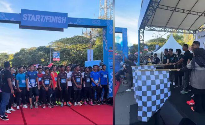 Ajang lari Banda Aceh Run 8,20K sukses digelar tanpa ada peserta yang memakai celana pendek. Wali Kota Illiza Sa’aduddin Djamal bersama Ketua DPRK Irwansyah saat melakukan pelepasan di depan Stadion H. Dimurthala Lampineung, Ahad pagi (18/5)