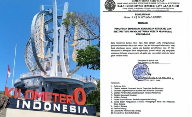 Tugu Kilometer Nol, ikon geografis yang menandai ujung barat Indonesia di Pulau Weh, Sabang, resmi ditutup sementara sejak 22 Mei 2024.