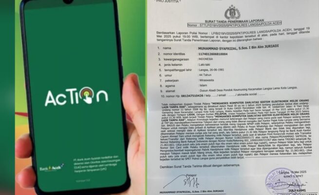 Akun Mobile Action dan rekening nasabah Bank Aceh Syariah, Muhammad Syafrizal (44), diretas. Sehingga, puluhan uang yang ada dalam rekening terkuras habis.