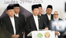 Menteri Agama Nasaruddin Umar saat konferensi pers di Kantor Kementerian Agama RI, Kamis (29/5/2025)