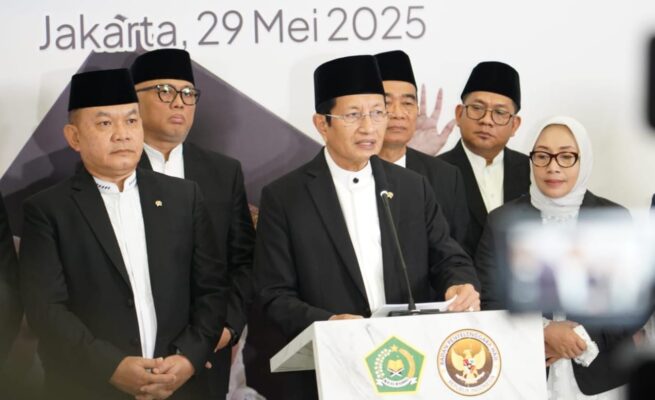 Menteri Agama Nasaruddin Umar saat konferensi pers di Kantor Kementerian Agama RI, Kamis (29/5/2025)