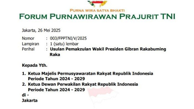 Forum Purnawirawan Prajurit TNI kembali menggaungkan desakan pemakzulan terhadap Wakil Presiden Gibran Rakabuming Raka