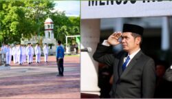Plt Sekda Aceh M. Nasir Syamaun memimpin upacara Hari Lahir Pancasila di halaman Kantor Gubernur Aceh, Ahad pagi (1/6/2025).